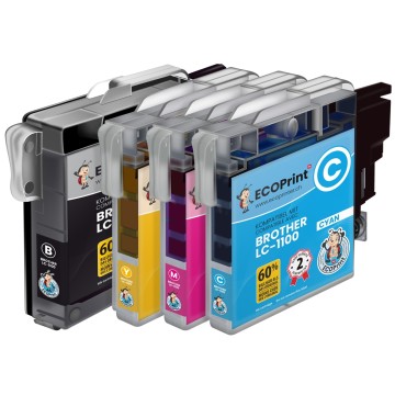 ECOPrinter Brother 1100P1 | Pack de 4 cartouches ECOPrinter Brother LC-1100 | Famille Brother LC-980 LC-1100 | 1 Noir et 3 Couleurs individuelles | 700/475 pages