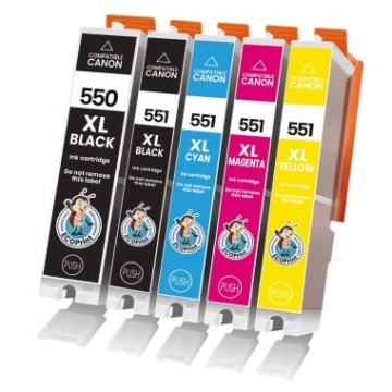 ECOPrinter Canon 550P1 | Pack de 5 cartouches ECOPrinter équivalent à Canon PGI-550 XL / CLI-551 XL  | Famille Canon PGI-550 / CL-551 | 1 Noir et 4 Couleurs individuelles | 500/1'130/695 pages