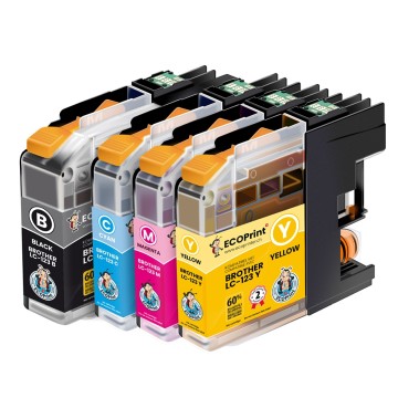 ECOPrinter Brother 123P1 | Pack de 4 cartouches ECOPrinter équivalent à Brother LC-123 | Famille Brother LC-123 | 1 Noir et 3 Couleurs individuelles | 800/800 pages