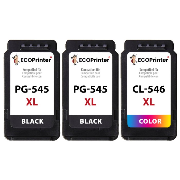 ECOPrinter Canon 545P2 | Pack de 3 cartouches ECOPrinter équivalent à Canon PG-545 XL / CL-546 XL  | Famille Canon PG-545 / CL-546 | Noir / 3 Couleurs | 470/360 pages