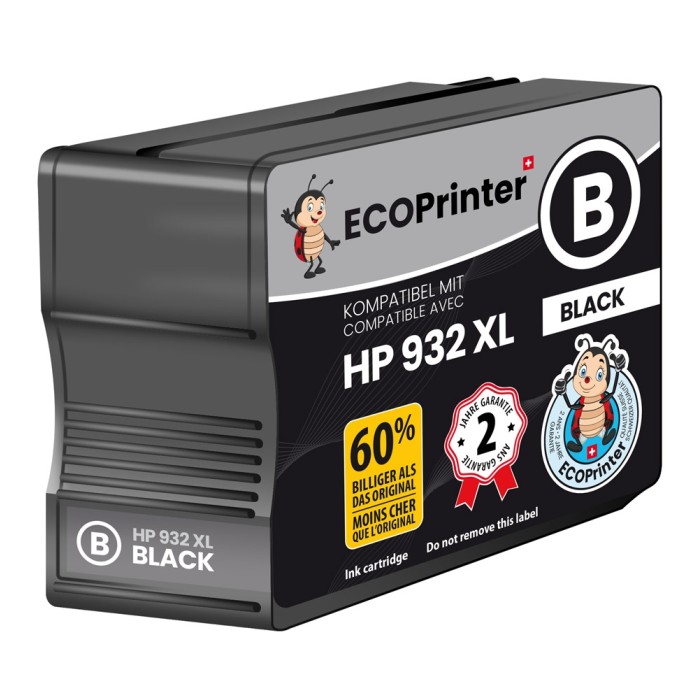 ECOPrinter HP 932BK | Cartouche ECOPrinter équivalent à HP 932 XL  | Famille HP 932 / HP 933 | Noir (BK) | 1'000 pages