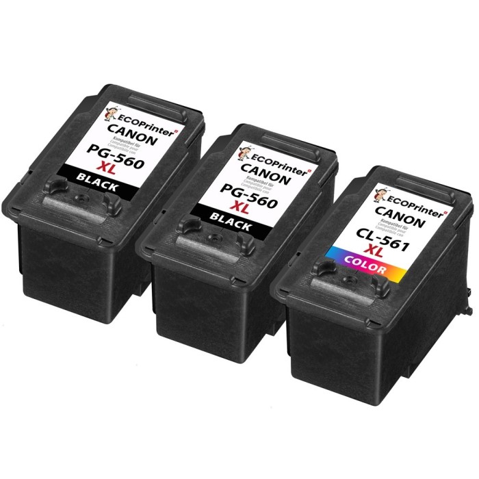 ECOPrinter Canon 560P2 | Pack de 3 cartouches ECOPrinter équivalent à Canon PG-560 XL / CL-561 XL   | Famille Canon PG-560 / CL-561 | Noir / 3 Couleurs | 750/600 pages