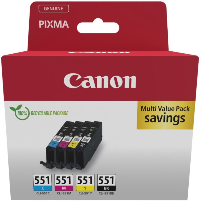 CANON CLI-551PACK | Pack cartouches d'encre Canon CLI-551PACK | Famille Canon PGI-550 / CL-551 | Capacité Standard