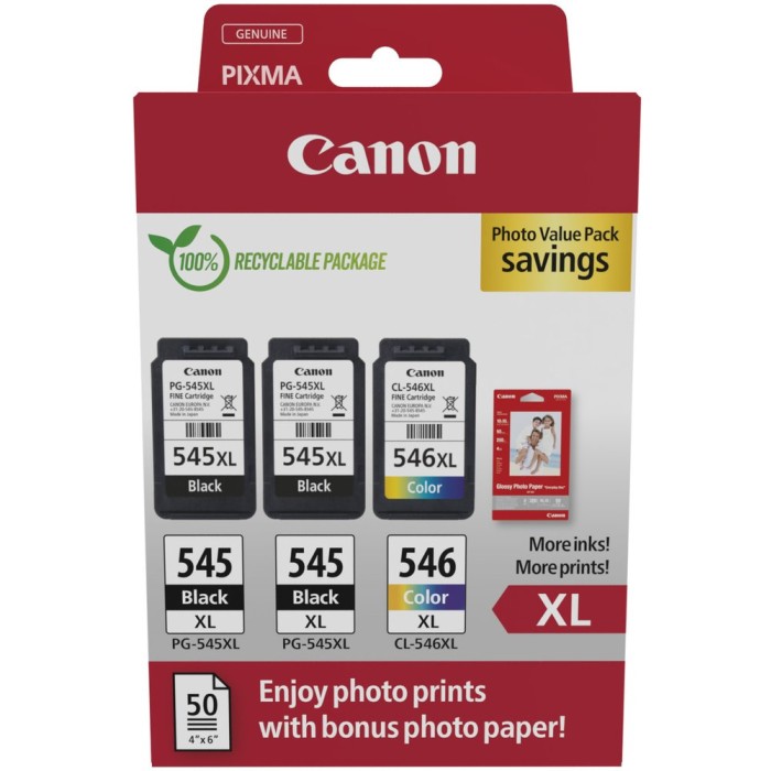 CANON PGCL545/546 | Photo valuepack XL Canon PGCL545/546 | Pixma iP2850 | Noir/color | 2xBKXL & 1xCMYXL