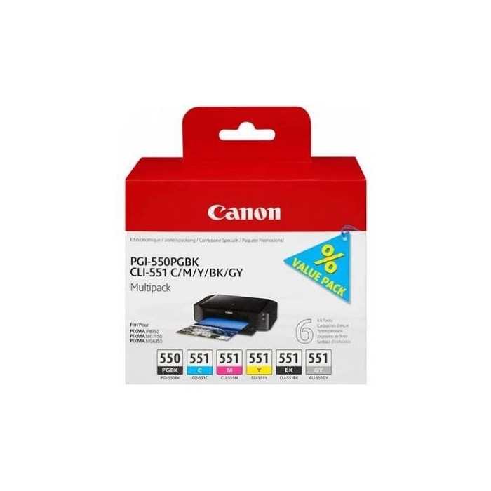 CANON CLI-551MUL | Pack cartouches d'encre Canon CLI-551MUL | PIXMA MG6350 | pgbk/cmy/bk/gy | 15/7ml