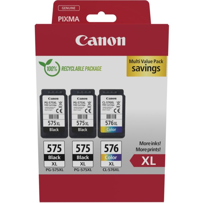 CANON PG575_CL576 | Pack cartouches d'encre XL Canon PG575_CL576 | Pixma TR4750i 2xBKXL & 1xCMYXL | BKCMY