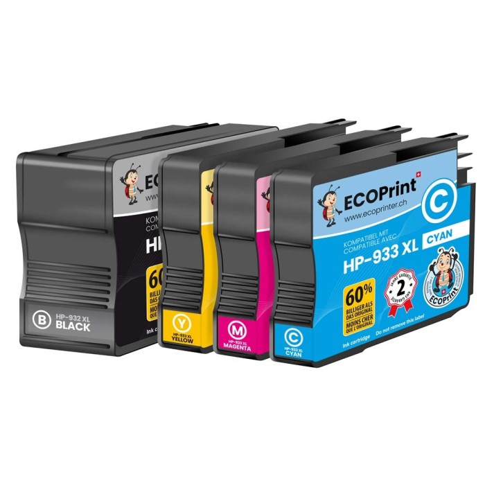 ECOPrinter HP 932P1 | Pack de 4 cartouches ECOPrinter équivalent à HP 932XL / HP 933XL | Famille HP 932 / HP 933 | 1 Noir et 3 Couleurs individuelles | 1'000/825 pages