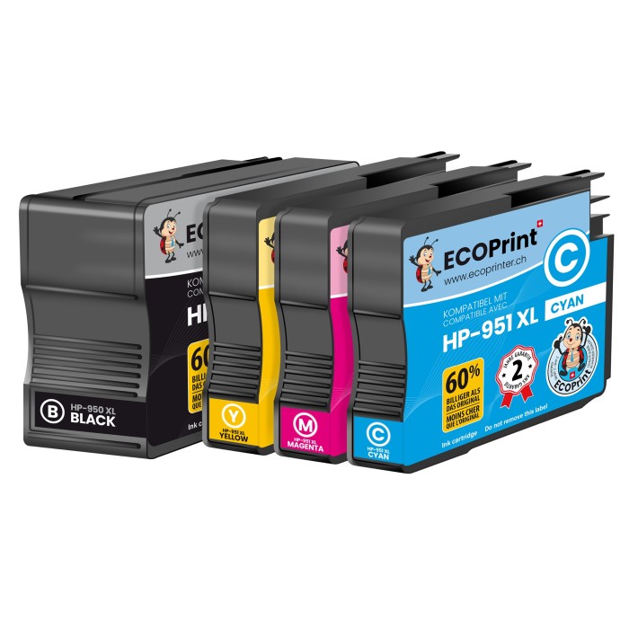 ECOPrinter HP 950P1 | Pack de 4 cartouches ECOPrinter équivalent à HP 950XL / HP 951XL | Famille HP 950 / HP 951 | 1 Noir et 3 Couleurs individuelles | 2'500/1'500 pages